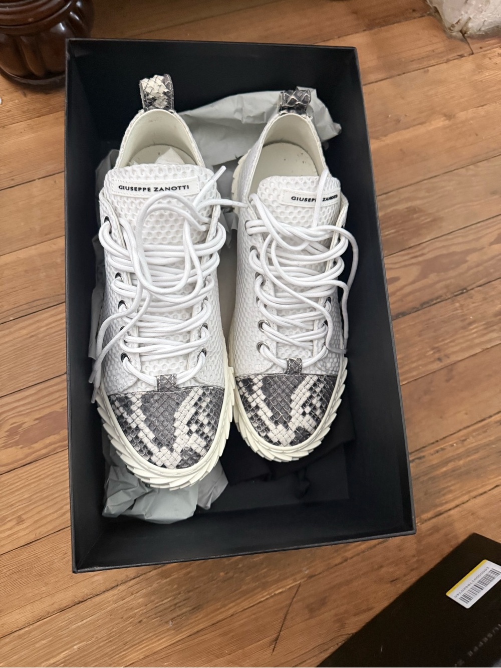Giuseppe Zanotti White Sneakers with Snake-Print Toe Caps